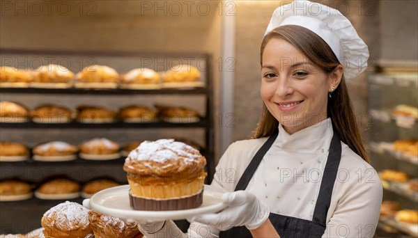 Ai generated, woman, 20, 25, years, shows, bakery, bakery shop, baquette, white bread, France, Paris, cake, biscuits, Europe