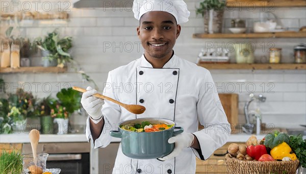 AI generated, portrait, an attractive cook in the kitchen tasting a vegetable soup, African