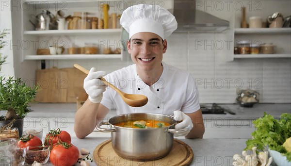 AI generated, portrait, an attractive chef in the kitchen tasting a vegetable soup