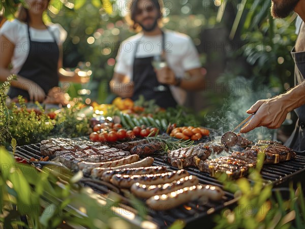 Barbecue party, guests with glasses in their hands stand around a chef who is grilling sausages and steaks, AI generated