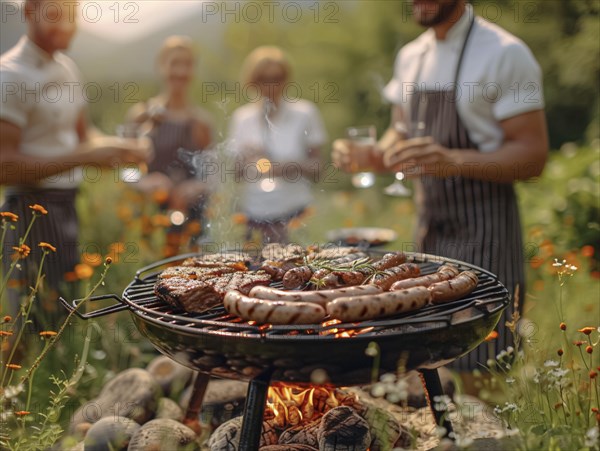 Barbecue party, guests with glasses in their hands stand around a chef who is grilling sausages and steaks, AI generated