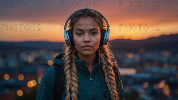 A pensive Mixed-race blonde woman with braids wearing headphones overlooks a city at twilight, bokeh blurred background, horizontal aspect ratio, AI generated