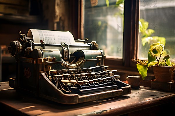 Antique typewriter with peeling paint and rust, AI generated