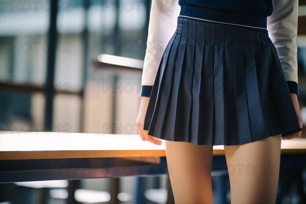Close up of young woman or teenage girl'sblue pleated school uniform skirt. KI generiert, generiert AI generated