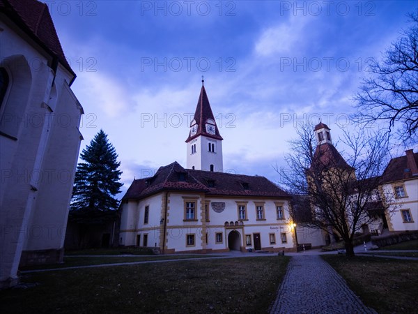Abbey courtyard of Goess Abbey, blue hour, former convent of the Benedictine nuns, Leoben, Styria, Austria, Europe