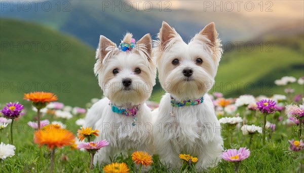 KI generated, Two white Yorkshire Terriers sitting in a flower meadow, (Canis lupus familiaris)