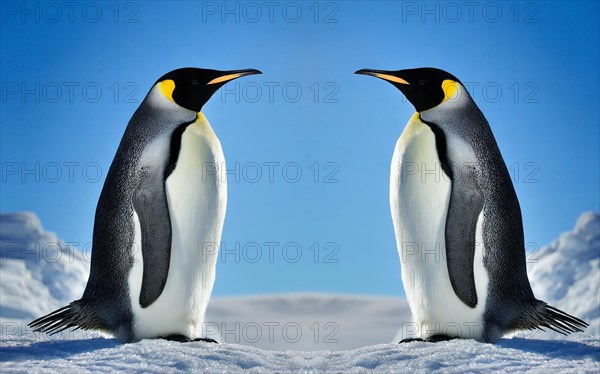 AI generated, Antarctica, snow, ice, winter, king penguin (Aptenodytes patagonicus), two, image montage, Antarctica