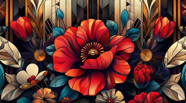 Digital drawing resembling stained glass with a red poppy and richly decorative floral art, ai generated, AI generated