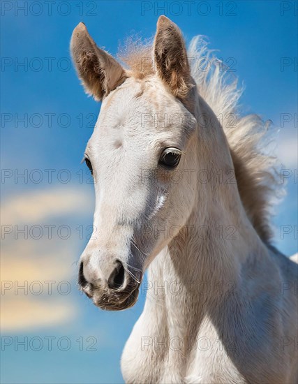 KI generated, A white foal, portrait, blue sky, horses, grey foal