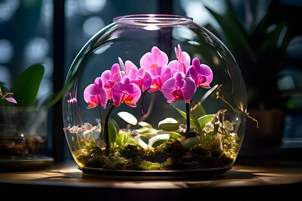 Orchids flourish inside a sophisticated glass terrarium their delicate structure, AI generated