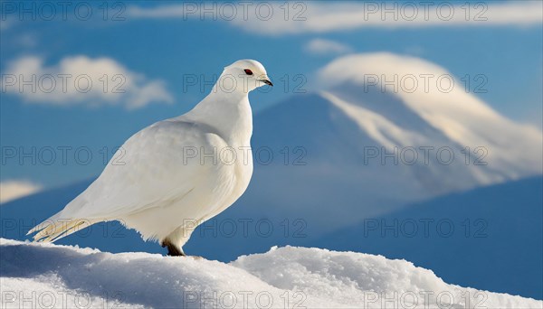 KI generated, A rock ptarmigan foraging in winter, white plumage, (Lagos muta), pheasants