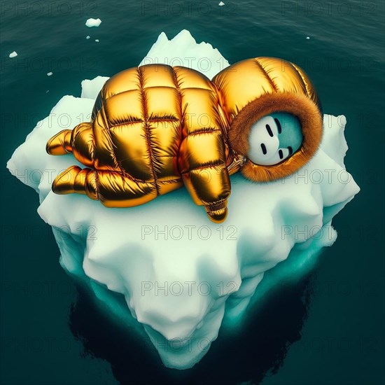 Animal character in yellow golden puffer jacket lies on a block of ice alone in the middle of the ocean sea. Environmental issue, climate change agenda, AI generated