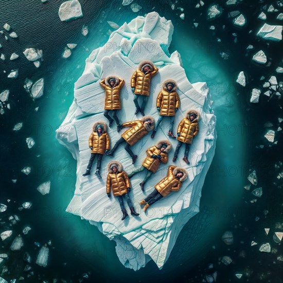 Group of people in yellow golden puffer jacket lies on a block of ice alone in the middle of the ocean sea. Environmental issue, climate change agenda, AI generated