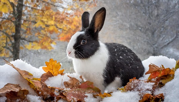 KI generated, A black and white dwarf rabbit in a meadow with autumn leaves, onset of winter, ice, snow, winter, side view, (Brachylagus idahoensis)