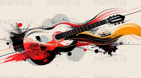 Colorful abstract rendering of a guitar with red and yellow elements and dynamic splatters, ai generated, AI generated