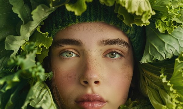Portrait of a girl surrounded by lush green leaves AI generated