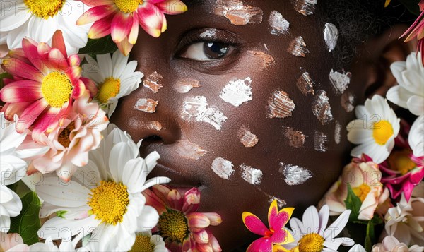 Intense gaze of a person with floral face paint, partially hidden among flowers AI generated