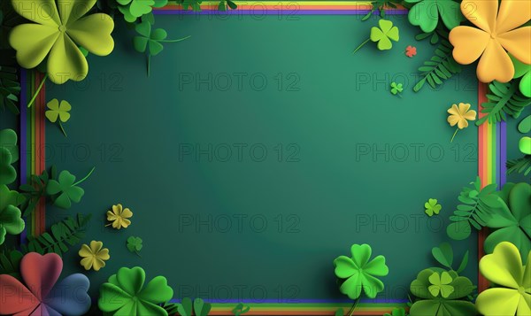 Modern 3D frame with a vibrant rainbow and lush clovers AI generated