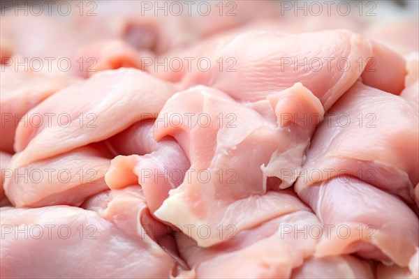 Close up of pieces of raw chicken meat at butchery shop. KI generiert, generiert AI generated