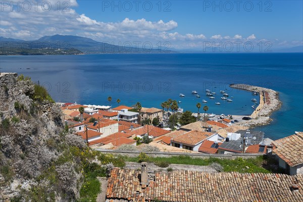 View of a Mediterranean coastal town with a harbour and boats on the sea, old town, Koroni, Pylos-Nestor, Messinia, Peloponnese, Greece, Europe