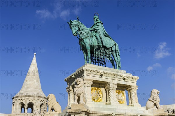 St Stephen in the Fisherman's Bastion, travel, city trip, tourism, Eastern Europe, architecture, building, monument, history, historical, attraction, sightseeing, horseman, equestrian monument, building, religion, capital, Budapest, Hungary, Europe