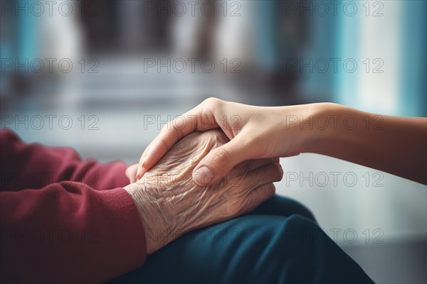 Young or middle aged woman's hand holding hands of very old woman in elderly retirement home. KI generiert, generiert AI generated