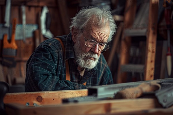 Elderly craftsman concentrating on a woodworking project in his workshop, AI generated