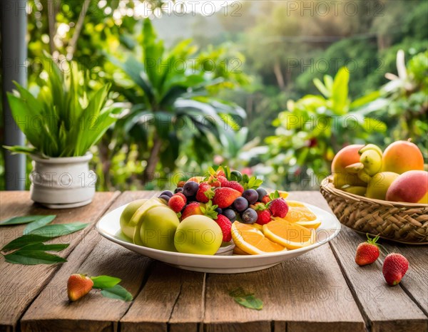 Rustic wooden table with a lavish fruit platter, surrounded by green plants in daylight, AI generated, AI generated