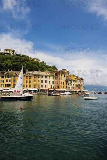 Village with colourful houses and harbour by the sea, Portofino, Province of Genoa, Liguria, Italy, Europe