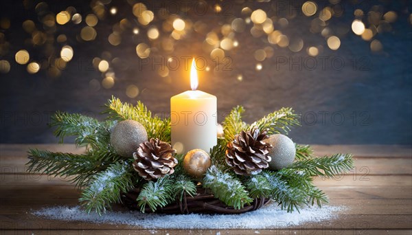 Ai generated, Advent wreath with burning candles, Christmas time, Christmas decoration, 1st Advent, First Advent
