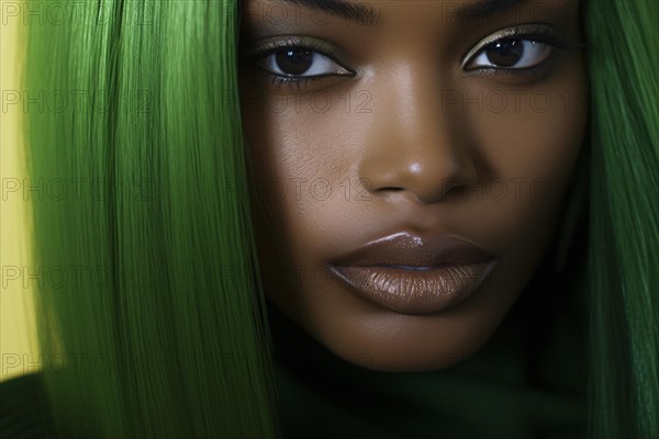 Face of black African American woman with unusual green dyed hair. KI generiert, generiert AI generated