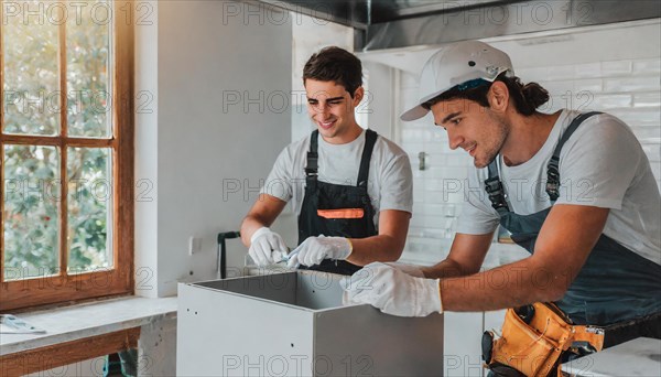 Ki generated, Two young men assemble furniture, DIY, wear gloves to protect hands from splinters and an assembly, lots of frustration and trouble, furniture assembly, do it yourself, installing a new kitchen