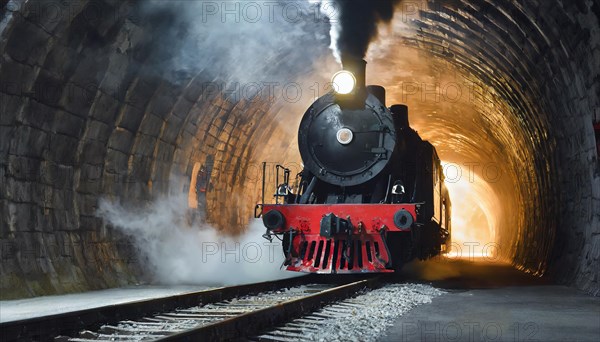 AI generated, An old steam locomotive drives through a tunnel, Nostalgia, Steam locomotive, Railway
