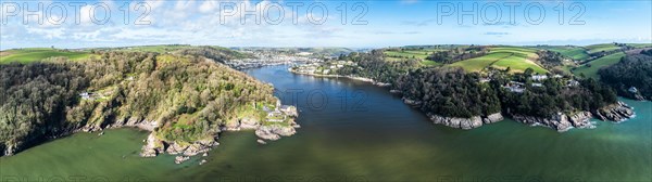 Panorama of Dartmouth Castle and Kingswear Castle over River Dart from a drone, Dartmouth, Kingswear, Devon, England, United Kingdom, Europe