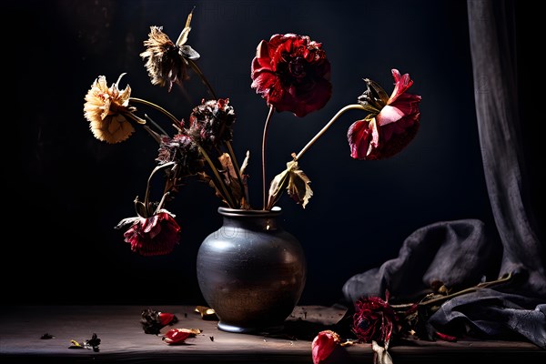 Artistic still life of wilted flowers, AI generated