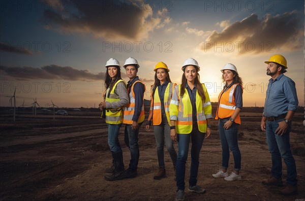 Team of workers in hard hats and reflective vests in front of wind turbines, women at heavy industrial contruction jobs, feminine power and rights concept, AI generated