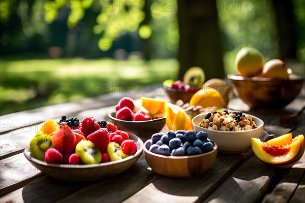 Smoothie bowls garnished with vibrant fresh fruits and an assortment of nuts, AI generated