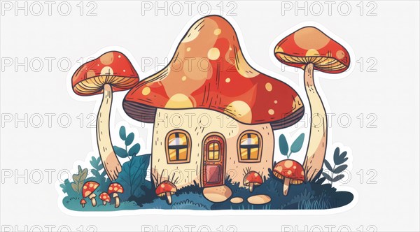 Vibrant cartoon style illustration of an elongated mushroom house with a charming blue door, ai generated, AI generated