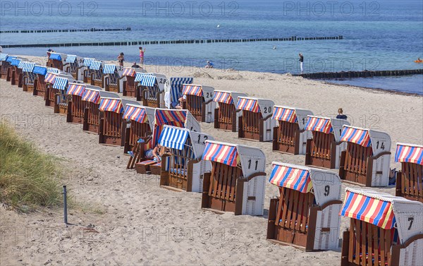 Colourful, lockable beach chairs on the Baltic Sea, Kuehlungsborn, Mecklenburg-Vorpommern, Germany, Europe