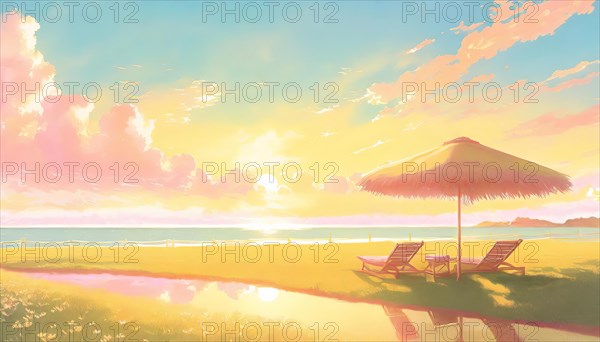 Beautiful summertime illustration with sunbeds on the turf in front of the sunset over sea. Aesthetics summer season in pastel colors. Relaxing holiday vibes. AI generated art