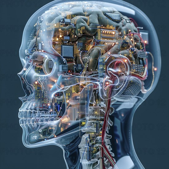 Medical a human head with brain and computer chip, symbol image KI in the human brain, ai generated, AI generated