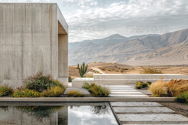 Modern concrete building with water features in a desert landscape with mountains in the background, AI generated