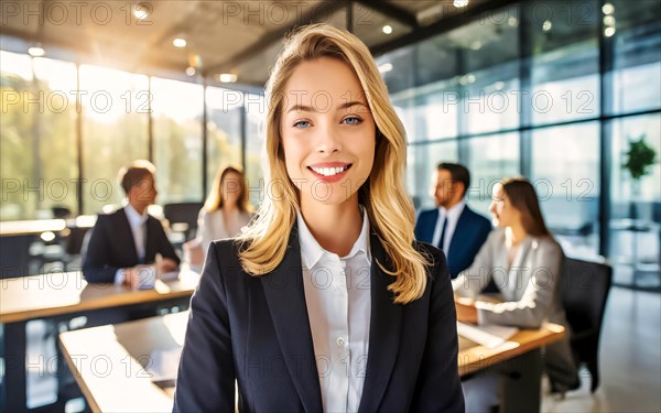 Self-confident woman with blonde hair standing in the office, professional businesswoman, young managing director of a company, AI generated, AI generated