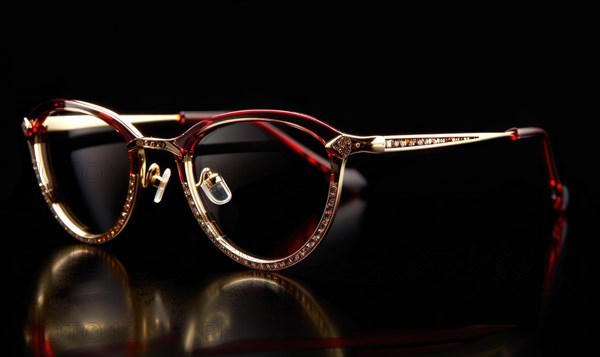 Designer eyeglasses with red accents and brand inscription detailing AI generated AI generated