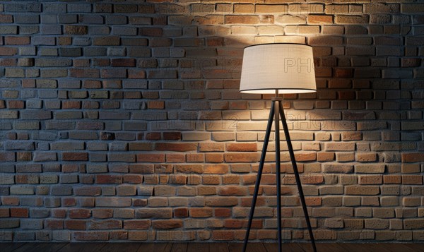 A chic tripod lamp casts a soft light on a textured brick wall, creating an inviting space AI generated