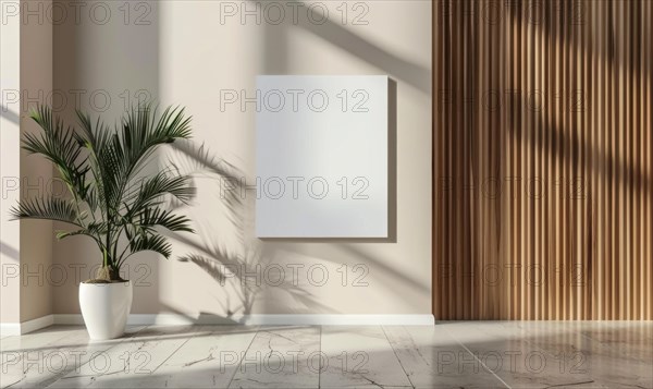 A sunlit corner displaying minimalistic beauty with a palm plant, marble flooring, and an empty square frame AI generated