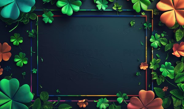 Neon clovers framing a dark background offer modern contrast with vibrant green and orange accents AI generated