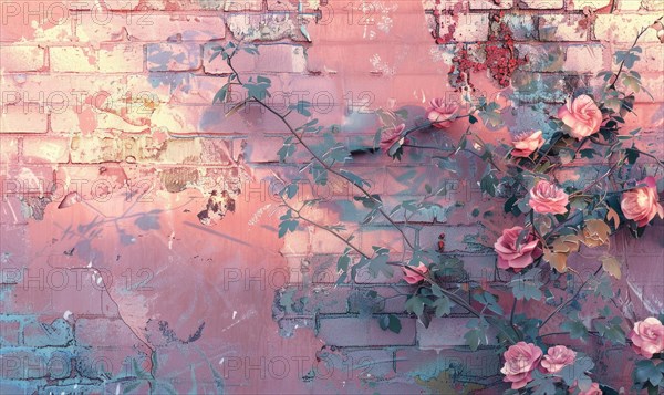 Artistically painted wall with delicate roses and spreading vines in pastel hues AI generated
