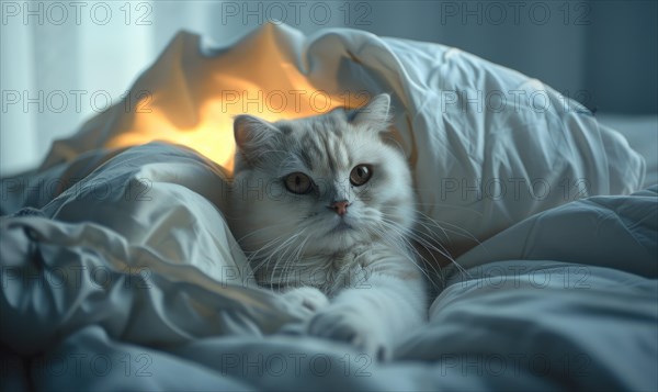 A contemplative cat lies on a bed in a room with a serene blue tone AI generated