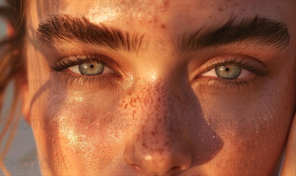 Close-up of a person with blue eyes and freckles in natural sunlight AI generated